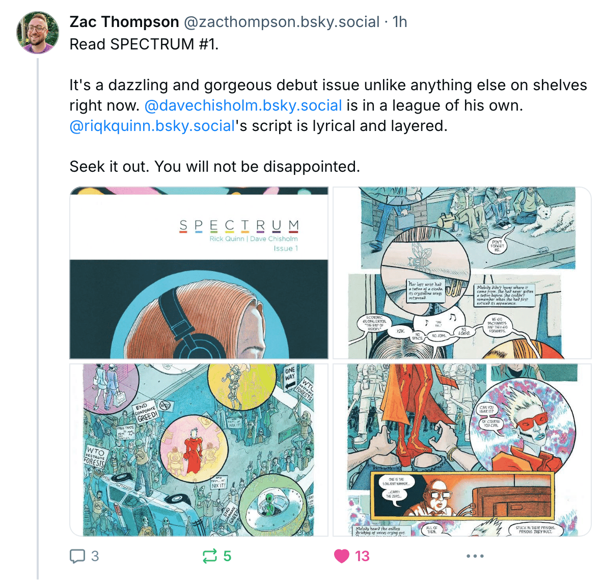 Writer Zac Thompson's social media post about Spectrum #1