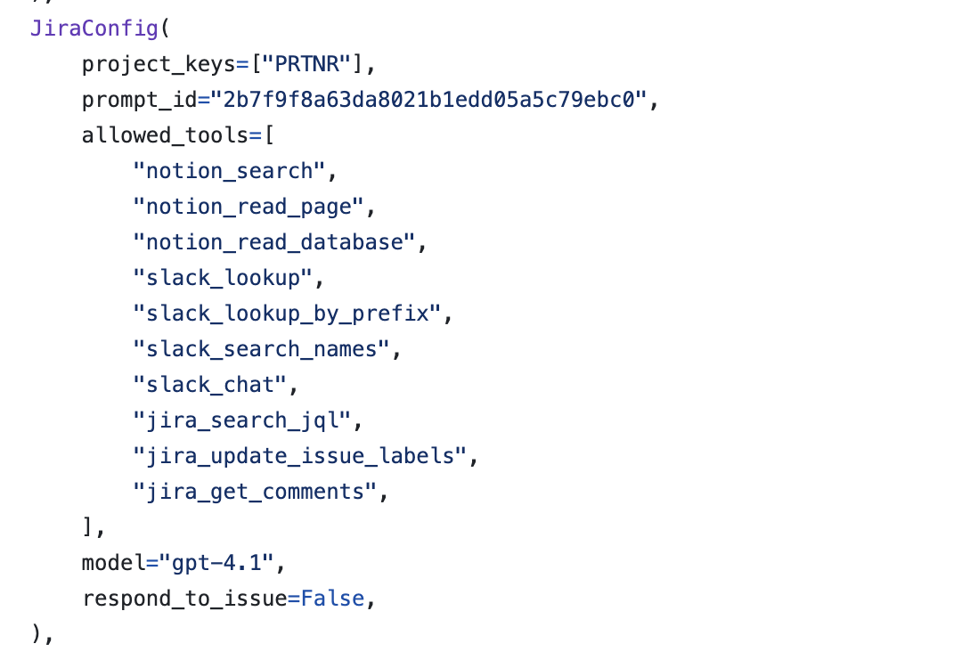 This image shows a configuration script for a Jira setup with specified project keys, a prompt ID, a list of allowed tools such as “notion_search” and “slack_chat,” and a model set to “gpt-4.1”. The configuration also has a setting “respond_to_issue” set to False.