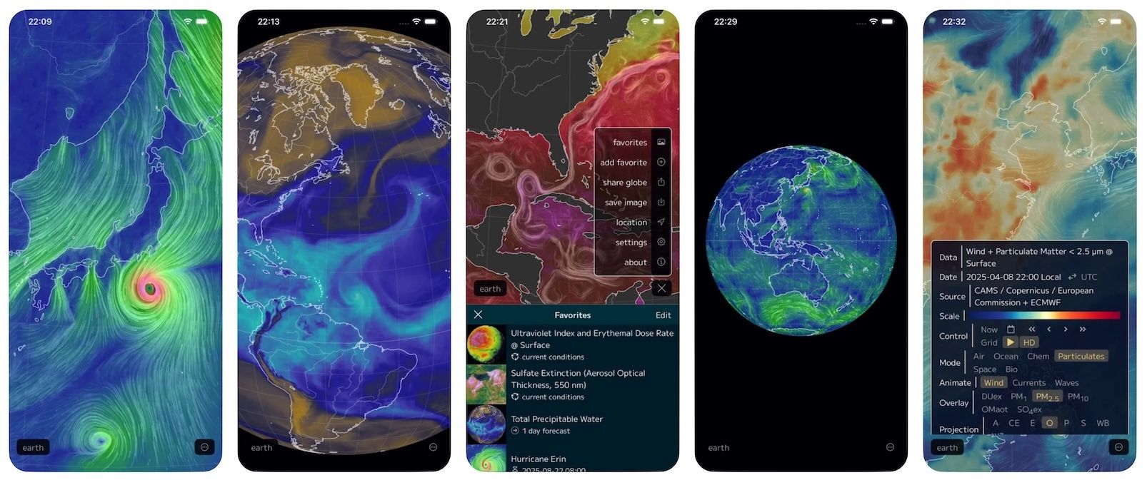 five screenshots showing various features of the Nullschool app