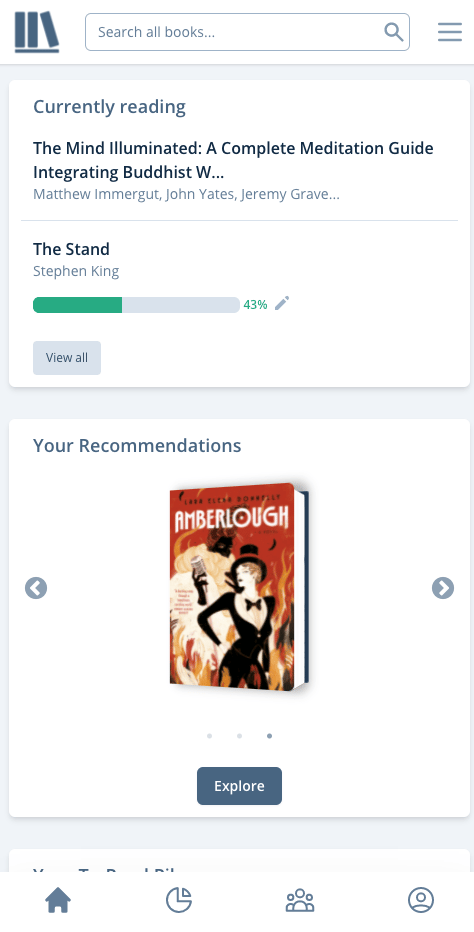 A screenshot of the old mobile hompage. You can see the user's currently reading pane. Underneath is the recommendations pane, with one book in the middle. The book is 3D and there are carousel dots and left and right arrows to advance the carousel.
