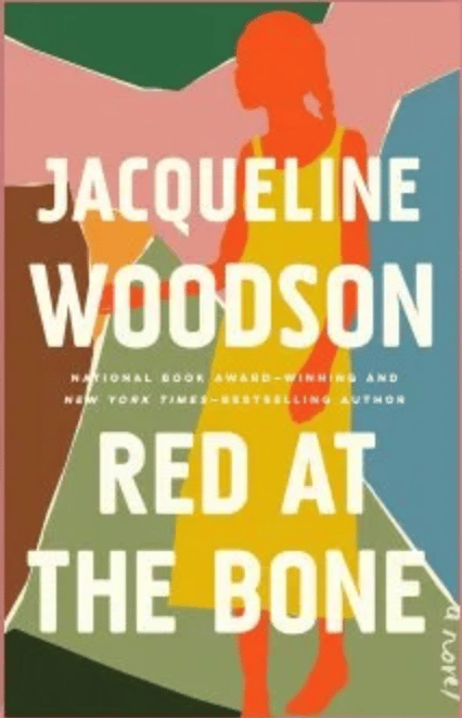 book cover of Jacqueline Woodson Red at the Bone featuring a multicolor mosaic with a woman's figure