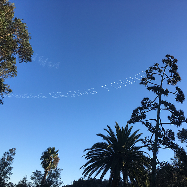 skywriting over palm trees in LA reads: ... BEGINS TONIGHT