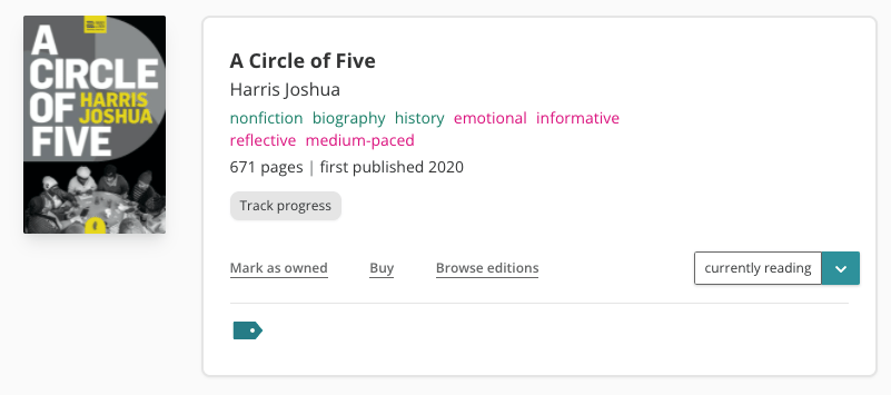 Screenshot of the book pane of Harris Joshua's A Circle of Five. The cover is to the left, and is dark, featuring a group of Caribbean women sitting around a circular table. On the right is a white box featuring the book information: it has the tags nonfiction, biography, history, emotional, informative, reflective, and medium-paced. It has 671 pages, and was first published in 2020. The book has been marked by me as 'currently reading'.