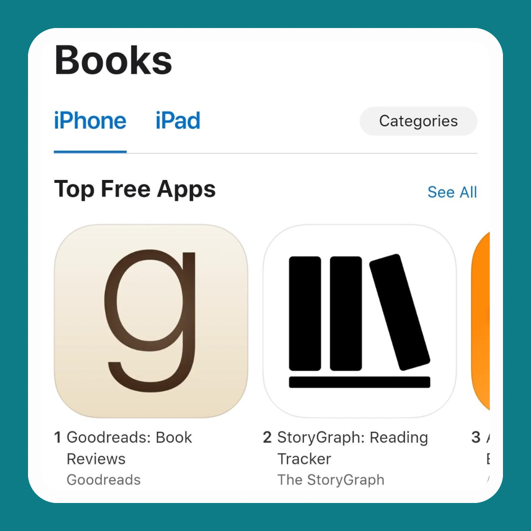 Screenshot from the US Apple App Store showing StoryGraph as the number 2 Top Free Book App, behind Goodreads.