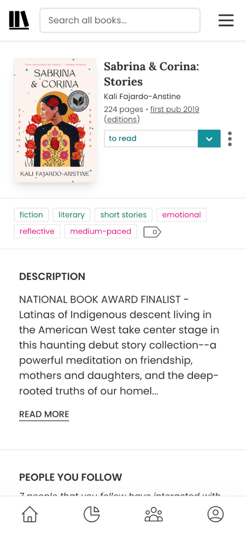 The new mobile book page. The book cover is smaller and to the left. Alongside on the right is the book title, author, and pages and pub year info. Then comes the read status dropdown with the three-dot icon. Underneath are the genres, mood, and pace. Then there's a grey dividing line, before the book's blurb.
