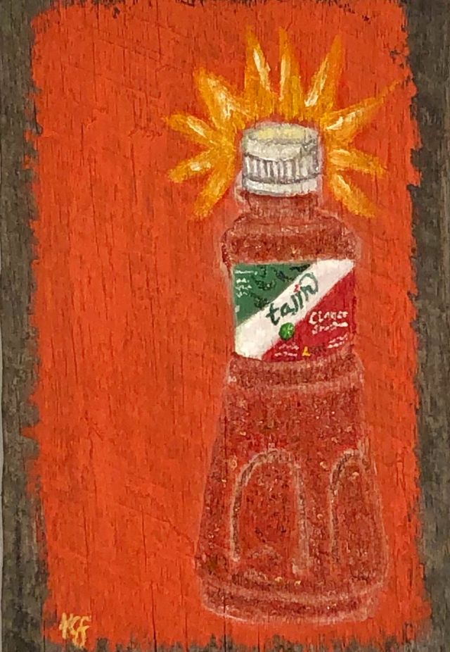 a painting with a bright orange background and a tajín bottle of spicy seasoning with a saintly halo