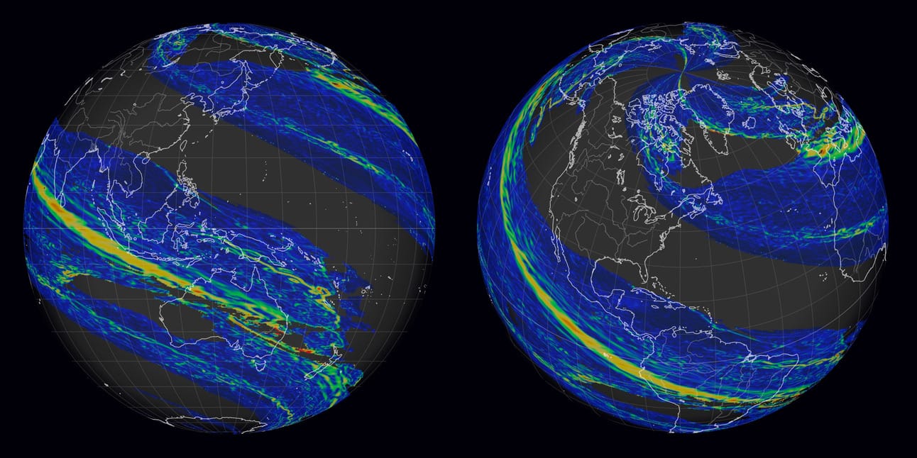 image of ocean currents data visualization showing two globes with obviously warped and skewed colors