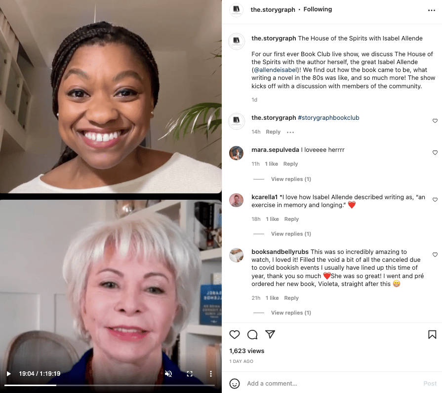 Still from the Instagram live show with me and Isabel Allende. To the left the still is split into two horizontally. On the top, I'm looking into the camera with a big smile on my face. On the bottom is Isabel Allende. She's also smiling. To the right is the StoryGraph's caption against the video alongside some comments from other users expressing their love for Isabel and the show.