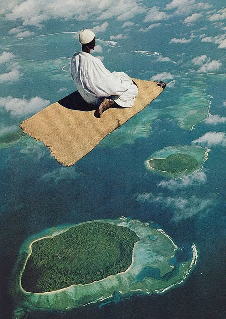A collage of a person on a rug flying over an island
