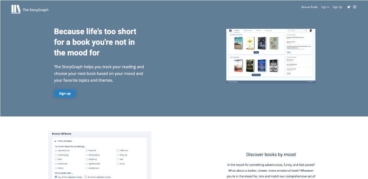 Screenshot of The StoryGraph's product landing page. There is a deep blue header and a couple of screenshots of the product, showcasing the product's prior design, including two rows of 4 3d book covers.