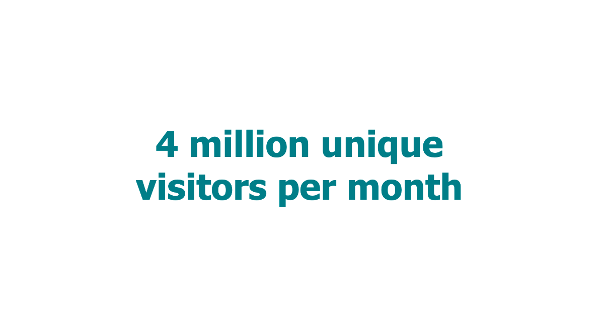 Slide from my talk featuring dark green text on a white background reading: 4 million unique visitors per month