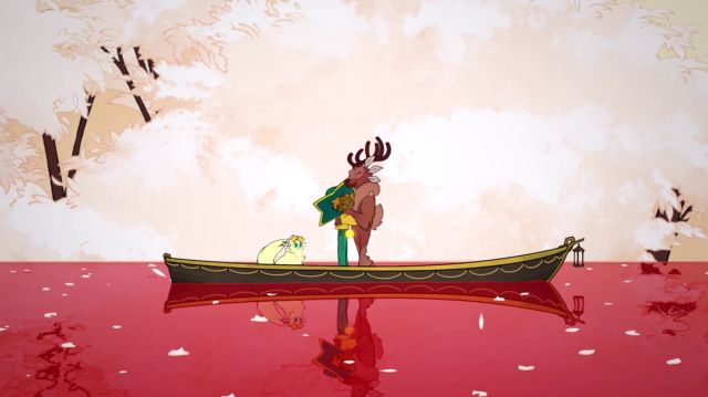 screen grab from Nintendo Switch game - Spiritfarer featuring a young woman hugging an anthropomorphic deer in a canoe on red water with a white cat friend looking on 