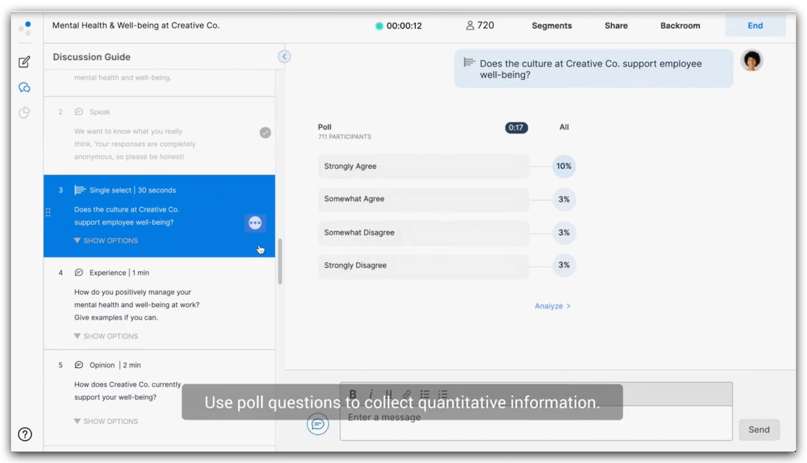 Remesh facilitator interface showing results of a live poll question on right and upcoming questions to launch on the left.