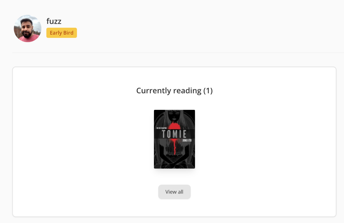 Screenshot of the top of fuzz's profile page. His profile picture is on the top left; he is facing the camera and wearing a red shirt. To the right of his profile picture is his username, fuzz, and an orange "Early Bird" badge.