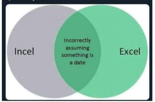 A venn diagram of the words Incel and Excel, which cross over as "Incorrectly assuming something is a date"