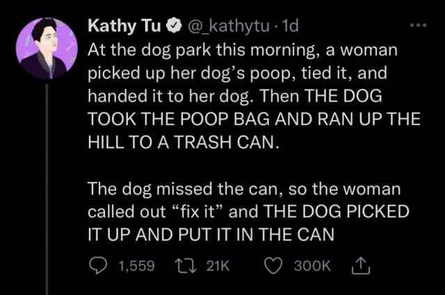"At the dog park this morning, a woman picked up her dog's poop, tied it, and handed it to her dog. Then THE DOG TOOK THE POOP BAD AND RAN UP THE HILL TO A TRASH CAN."