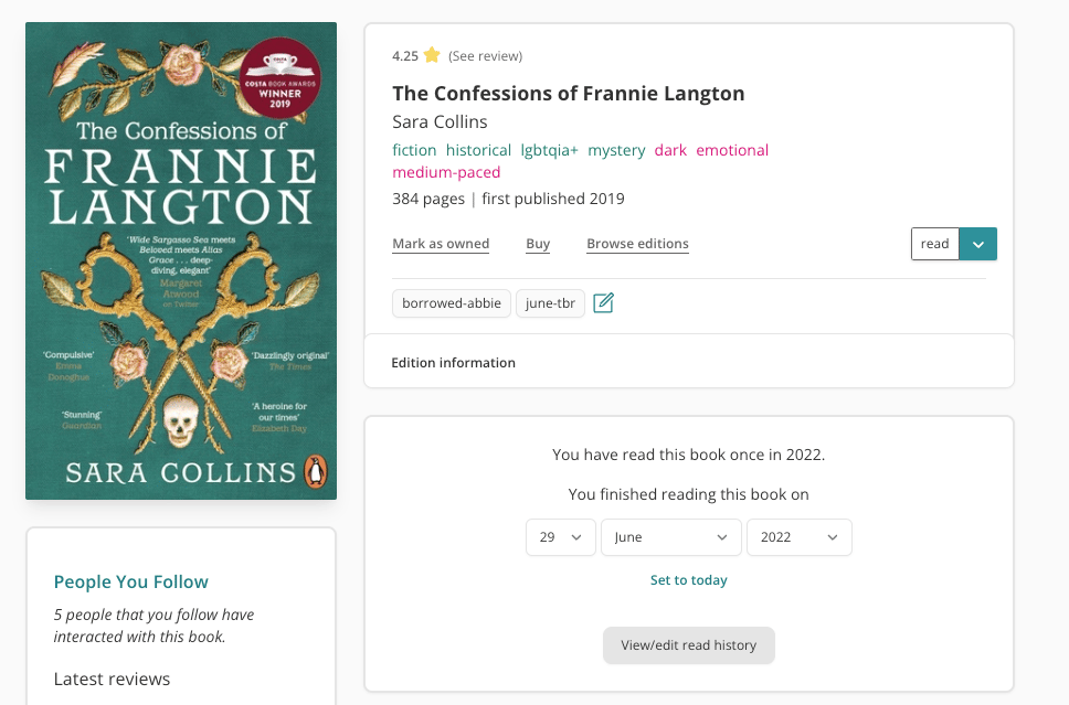Top of the book page for The Confessions of Frannie Langton. It's very similar to the top list view image, except that the cover has been enlarged on the left-hand side, and there's now a link at the bottom of the book pane labelled "Edition information".