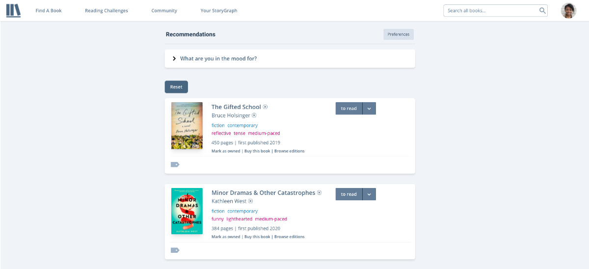 A screenshot of the old recommendations page. On the two books show, the cover and all information is in one pane.
