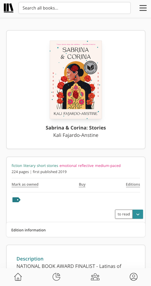 The old mobile book page view. The page is divided up into boxes vertically on top of one another. The first box features the book cover, with the title and author listed underneath. The second box features all of the standard book information, with the read status dropdown bottom right. The third box features the blurb.