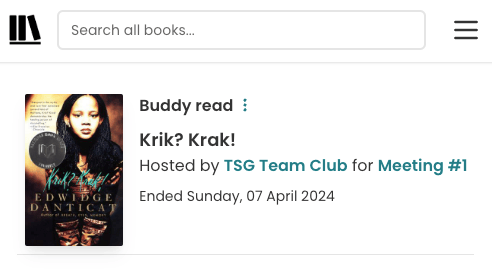 Top of a buddy read page. Underneath the book title reads "Hosted by TSG Team Club for Meeting #1".