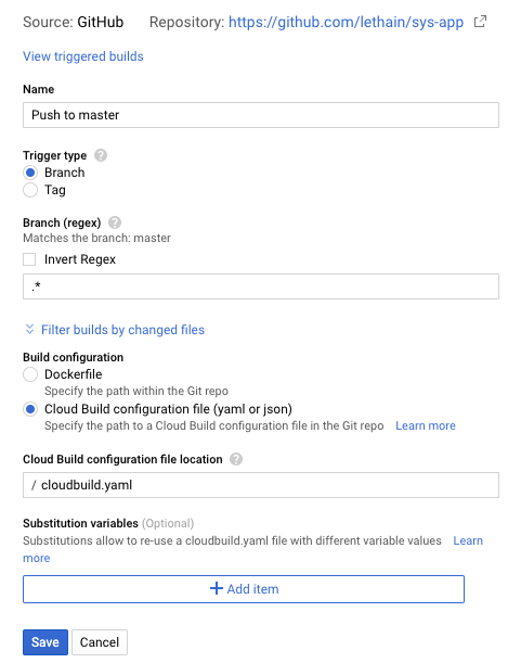 A cloud build trigger configuration.