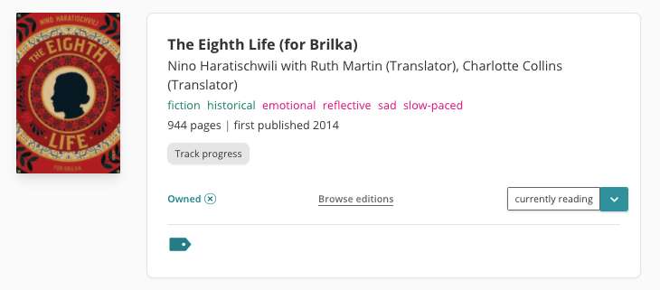 Book pane for The Eighth Life (for Brilka) by Nino Haratischwili with Ruth Martin (Translator), Charlotte Collins (Translator). The book is tagged with: fiction, historical, emotional, reflective, sad, slow-paced. Pages listed are 944 pages and first published 2014. 