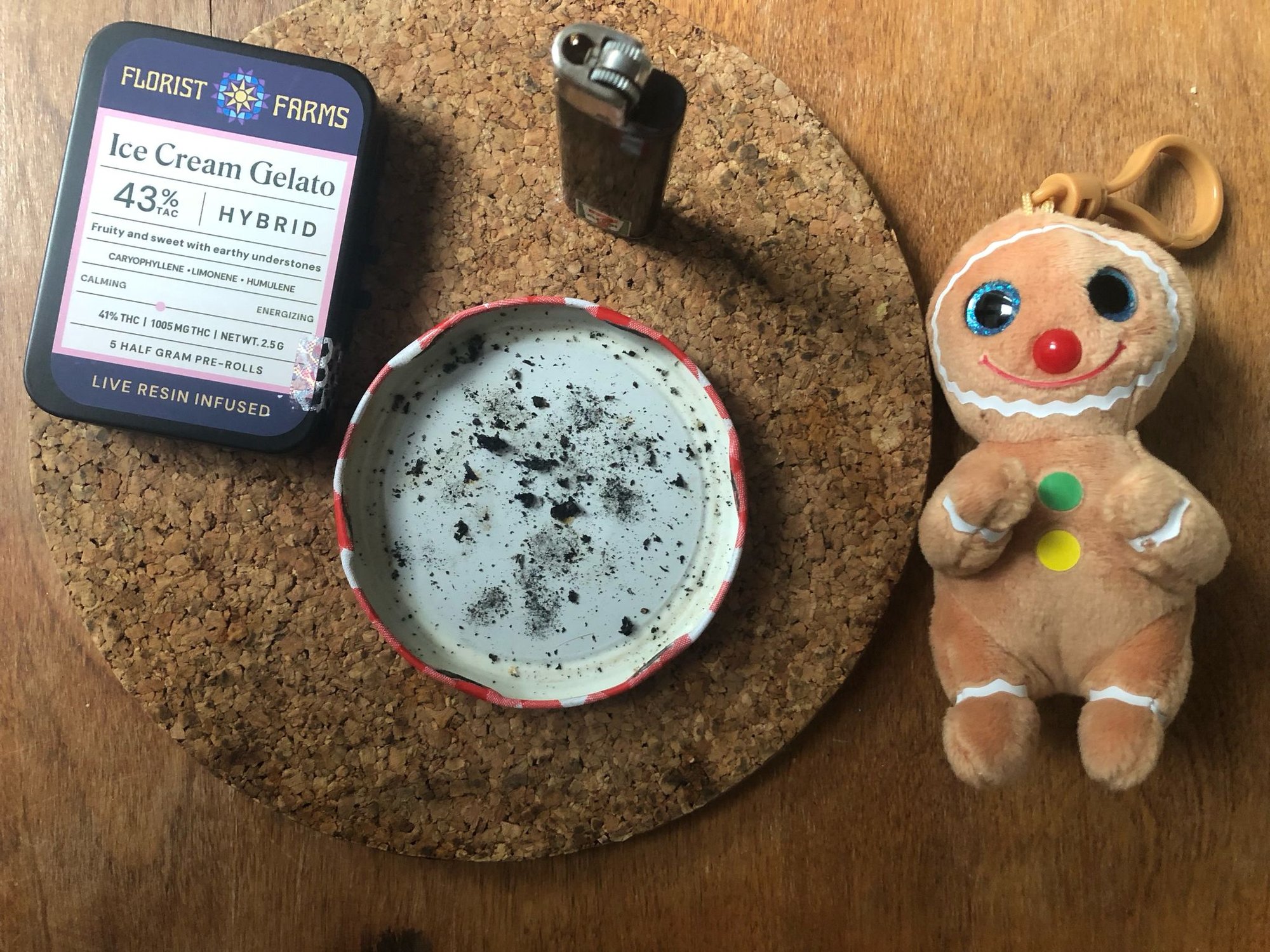 The lighter, package of pre-rolls, and jam jar lid as ashtray, plus a small stuffed gingerbread cookie