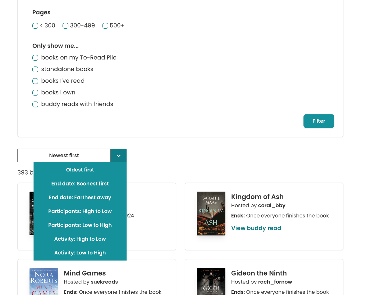 Screenshot of the bottom of the buddy reads filter menu showing page number checkboxes, and options for the To-Read Pile, standalone books, read books, owned books, and "buddy reads with friends". Then there's an expanded sort menu, with options for date created, end date, participants, and activity level.
