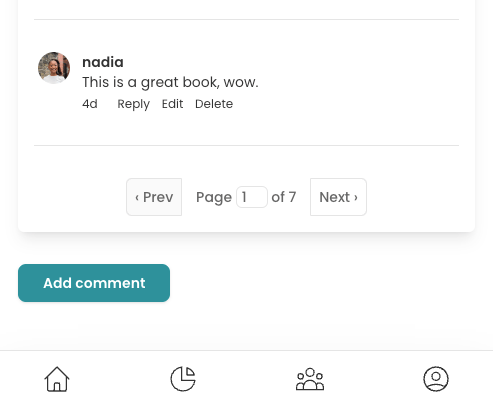 The bottom of a readalong forum page. There's a disabled "Previous" button. Then text which reads "page 1 of 7", where the '1' is actually a form input field. Then there's an enabled "Next" button.
