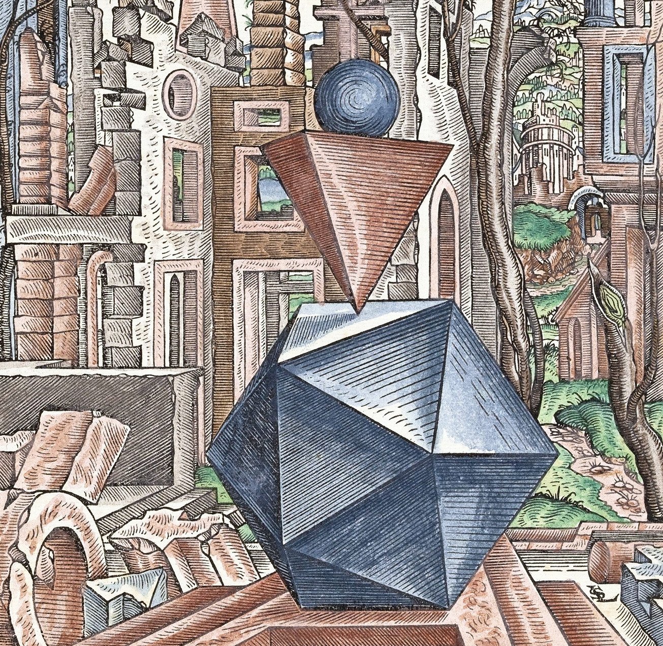 A blue sphere balances on an orange trianglar prism, who's point is pointing down at the blue, 20-sided dice it balances on. 