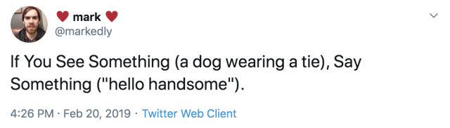A tweet that says "If You See Something (a dog wearing a tie),'Say Something ("hello handsome").