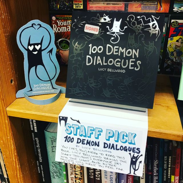 A shelf-talker for 100 Demon Dialogues at Powell's Books on Hawthorne
