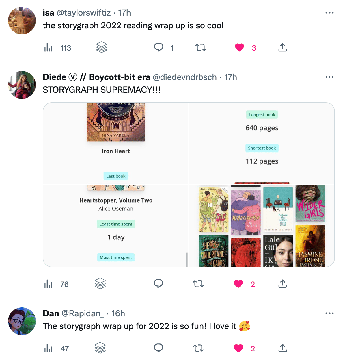 A series of tweets praising StoryGraph's 2022 wrap up, e.g. "the storygraph 2022 reading wrap up is so cool."