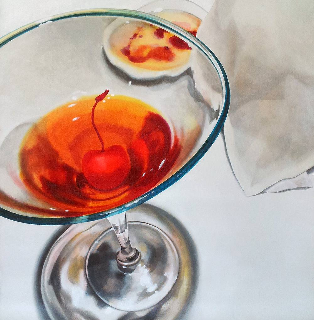 Painting of a cocktail glass containing bourbon and a cherry, against the background of a white tablecloth and napkin.