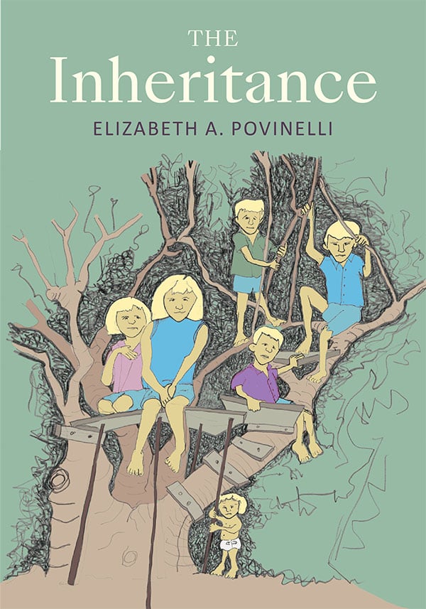 book cover of The Inheritance by Elizabeth A. Povinelli a green background with a treehouse where five blond children sit looking outward and a sixth child hangs onto a rope to climb up