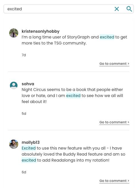 Readalong Forum Search. The word "excited" is typed into the search bar at the top of the page, and relevant comments are shown, with the word "excited" highlighted in a light cyan colour. There's a link to "Go to comment" for each comment.
