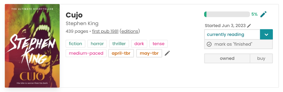 StoryGraph book pane of Stephen King's Cujo. The cover is on the list and features a green and orange background with a grey picture of a dog open-mouthed on top. The book info is in the middle: 439 pages, first published 1981, with the tags horror, thriller, dark, tense, and medium-paced. There's also a custom 'may-tbr' tag on it. On the right, there's a progress bar 5% filled.