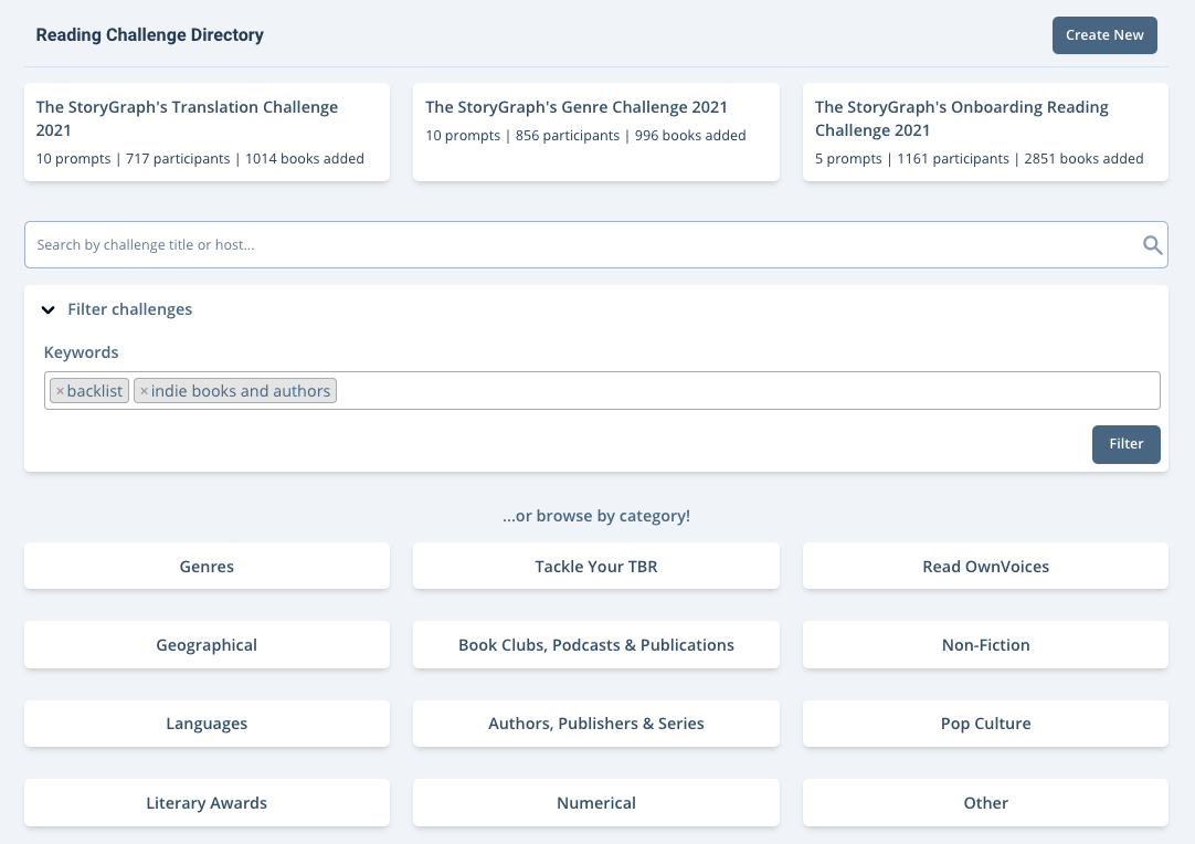 Website screenshot of The StoryGraph's 'Reading Challenge Directory' page. You can see a pane for each of the 9 categories, and a filter menu above to filter by keywords.
