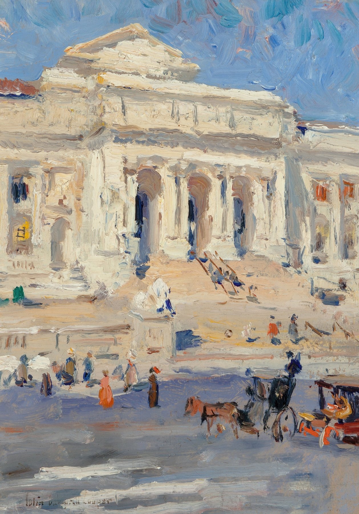 Oil painting of New York's public library; the sky is blue and in front of the library is a small crowd of people walking to and from the library