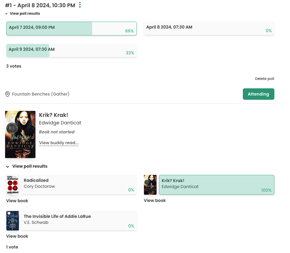 Screenshot showing a book club meeting page. At the top is a date "April 8 2024, 10.30pm". Underneath is a completed poll showing one date has 66% of the vote, with two-thirds of the background of the pane covered in green. Another option has 33% of the vote. The final option has 0% of the votes. Underneath is a similar view for a completed book poll.