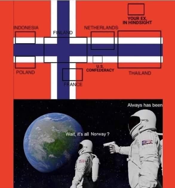 A flag of Norway with rectangles overlaid above, showing the overlap of other countries' flags like Indonesia, France, Netherlands, Thailand