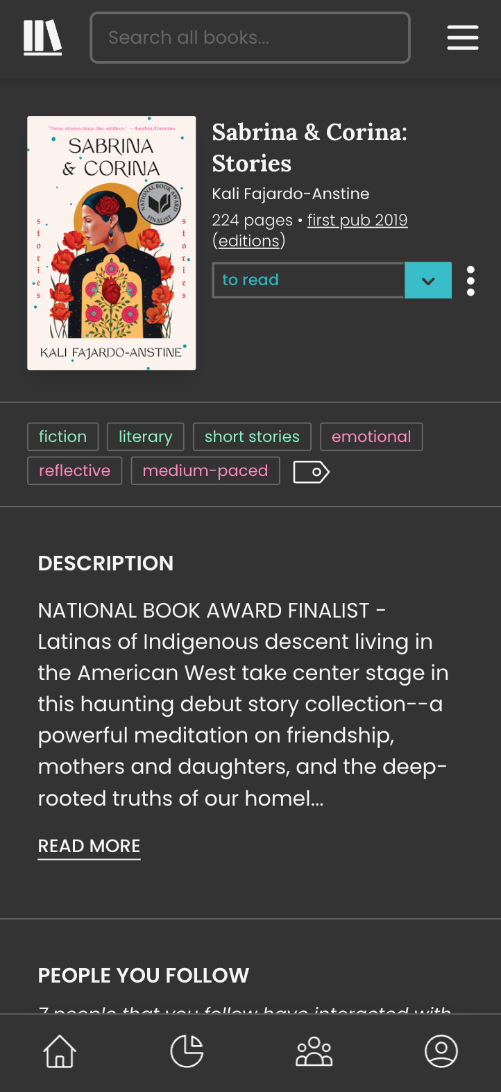 The same book page as shown previously, with the new layout, but in Dark Mode. The background is a really dark grey, text that was previously dark grey (seemingly black) is now a really light grey (seemingly white). The green cyan accent colour is more of a blueish colour.