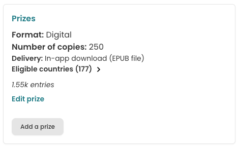 Screnshot of the prize section of a giveaway on StoryGraph. For the "Delivery" section of this digital prize: "In-app download (EPUB file)".