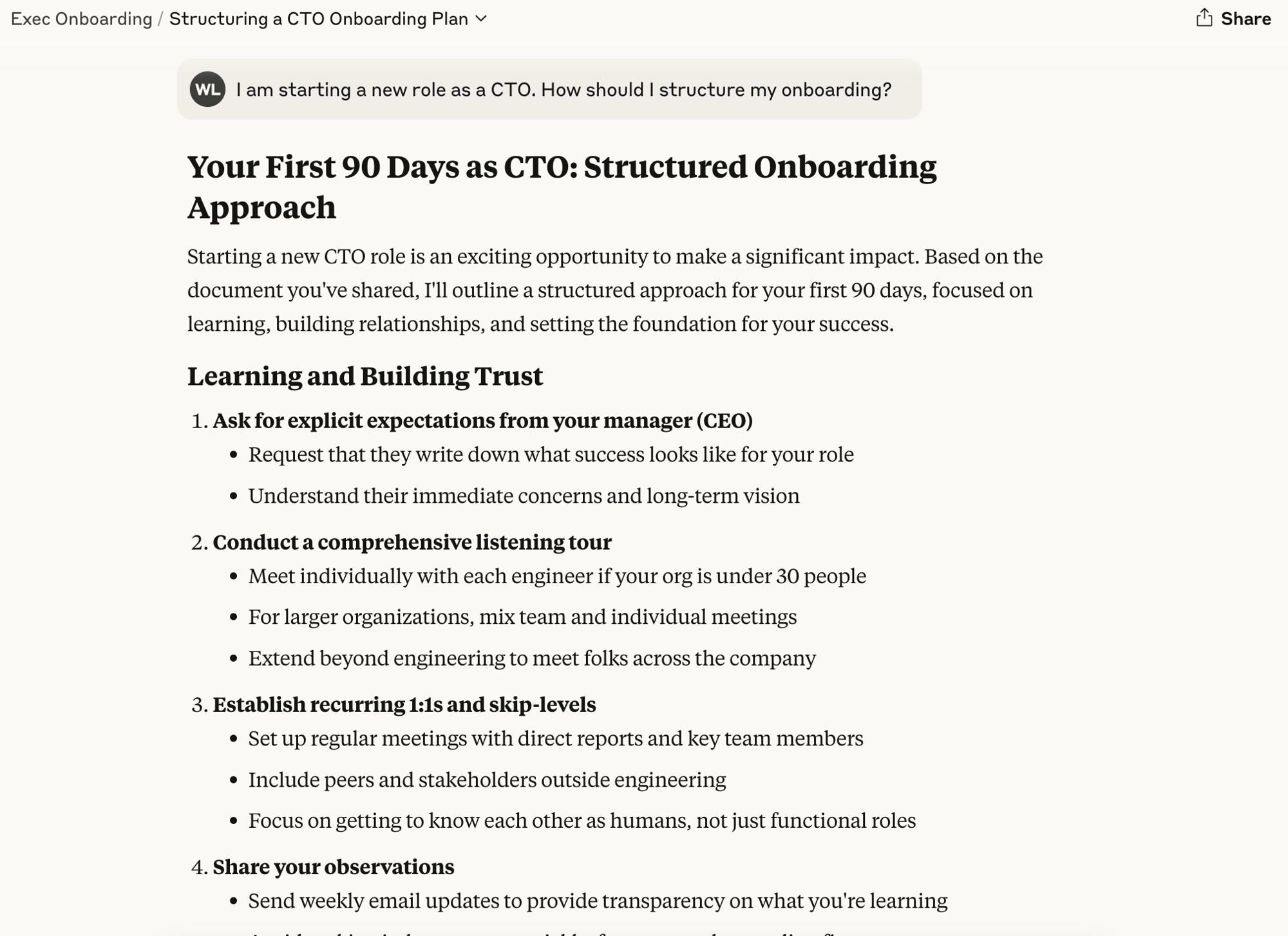 Answers in Claude to question about planning first 90 days for an executive in Claude project