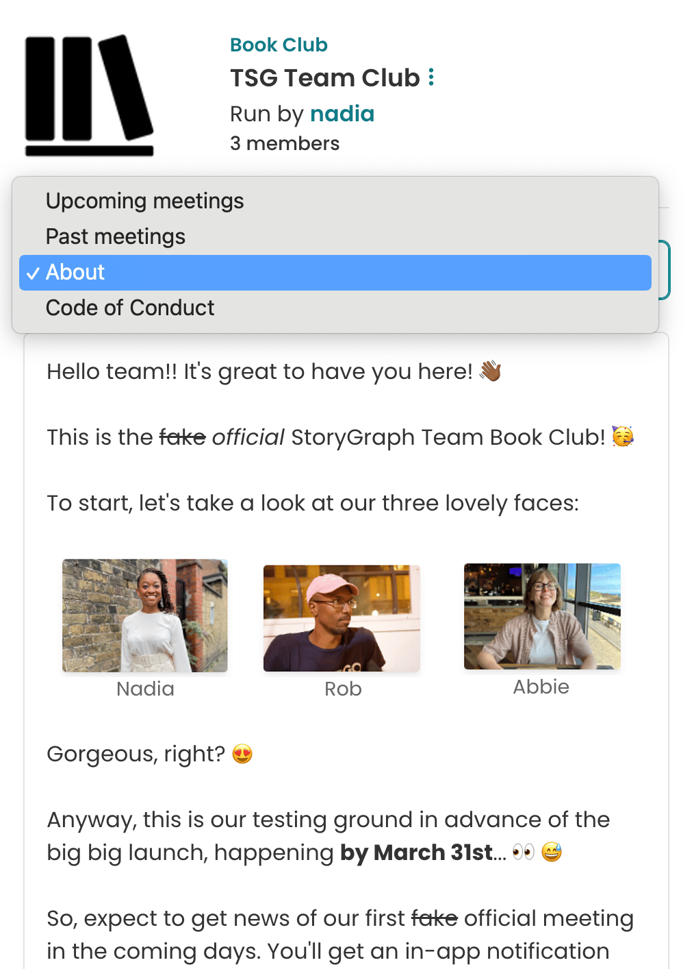 Screenshot of a Book Club About page with the page navigation dropdown expanded. The options in the dropdown are Upcoming meetings, Past meetings, About, and Code of Conduct, with "About" selected. At the bottom of the page, there's some fake introductory/about text written to the members of this fake book club.