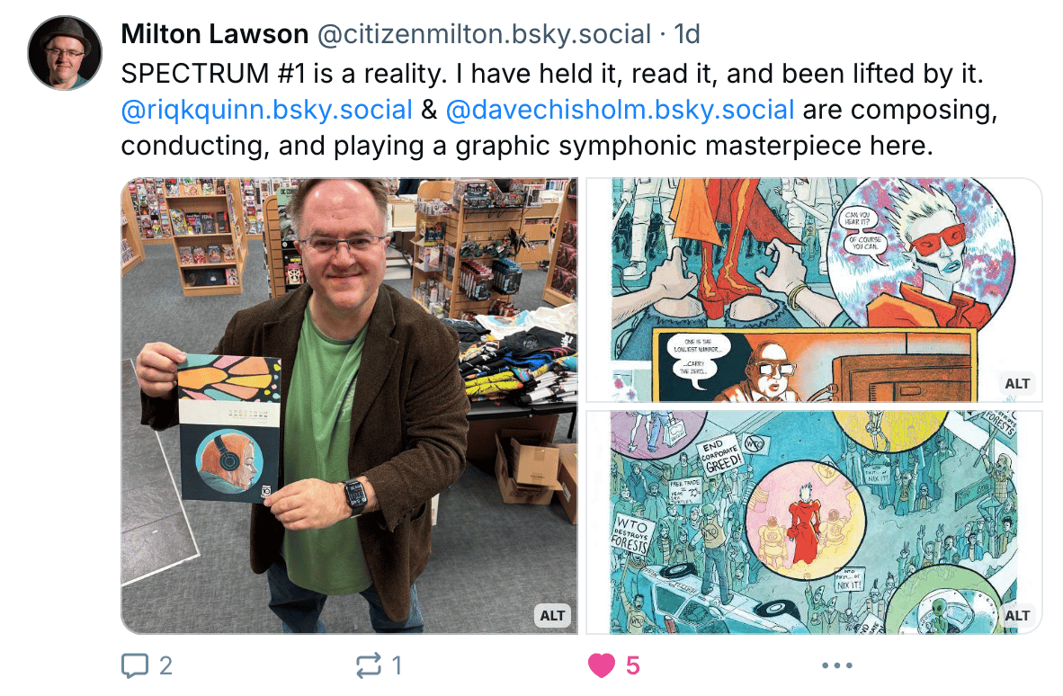 Comic creator and self-appointed "doofus" Milton Lawson showing off his copy of Spectrum #1