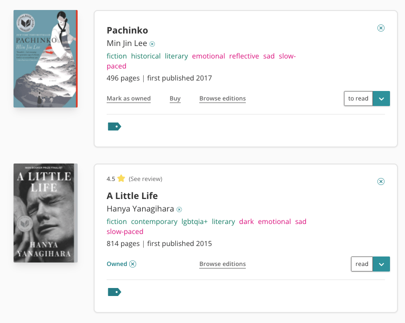 Screenshot of part of The StoryGraph's Popular This Week page. Two books are shown. The bottom book is a different edition of A Little Life to the one shown in the picture boave. The main difference is cover image. Instead of the text above the title, the user's star rating of 4.5 stars is shown and the book is marked as 'read'.