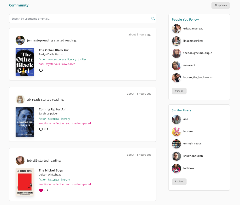 Screenshot of the desktop view of StoryGraph's Community page. There are two columns, and on the thinner, right-hand side one are two panes stacked on top of one another. The top one is titled "People You Follow" and the bottom one is titled "Similar Users". Both feature five rows of a user's profile picture and their username.