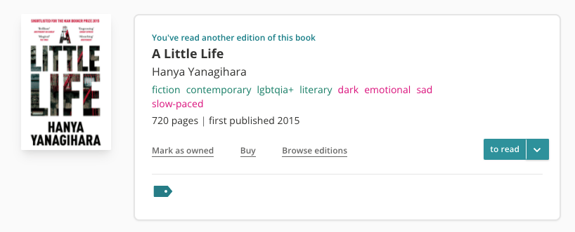 Book pane for an edition of Hanya Yanagihara's A Little Life. Above the title reads "You've read another edition of this book". Other than that, the book doesn't look as if it has been touched by the user viewing the page.