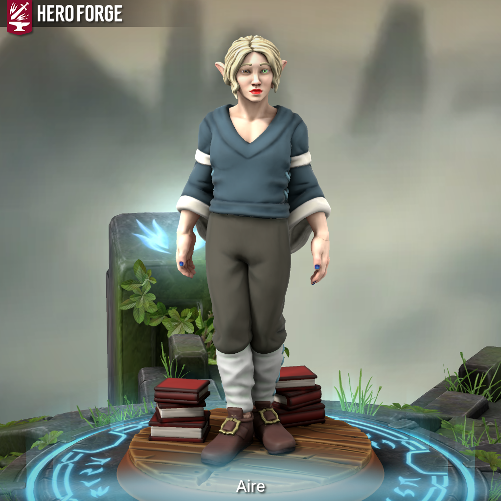 A young, pale skinned elf with blonde hair, one brown eye, one blue eye, and wearing red lipstick. Her outfit consists of a blue shirt with long draping sleeves, brown pants that are white below the knee, and brown leather shoes with golden buckles.